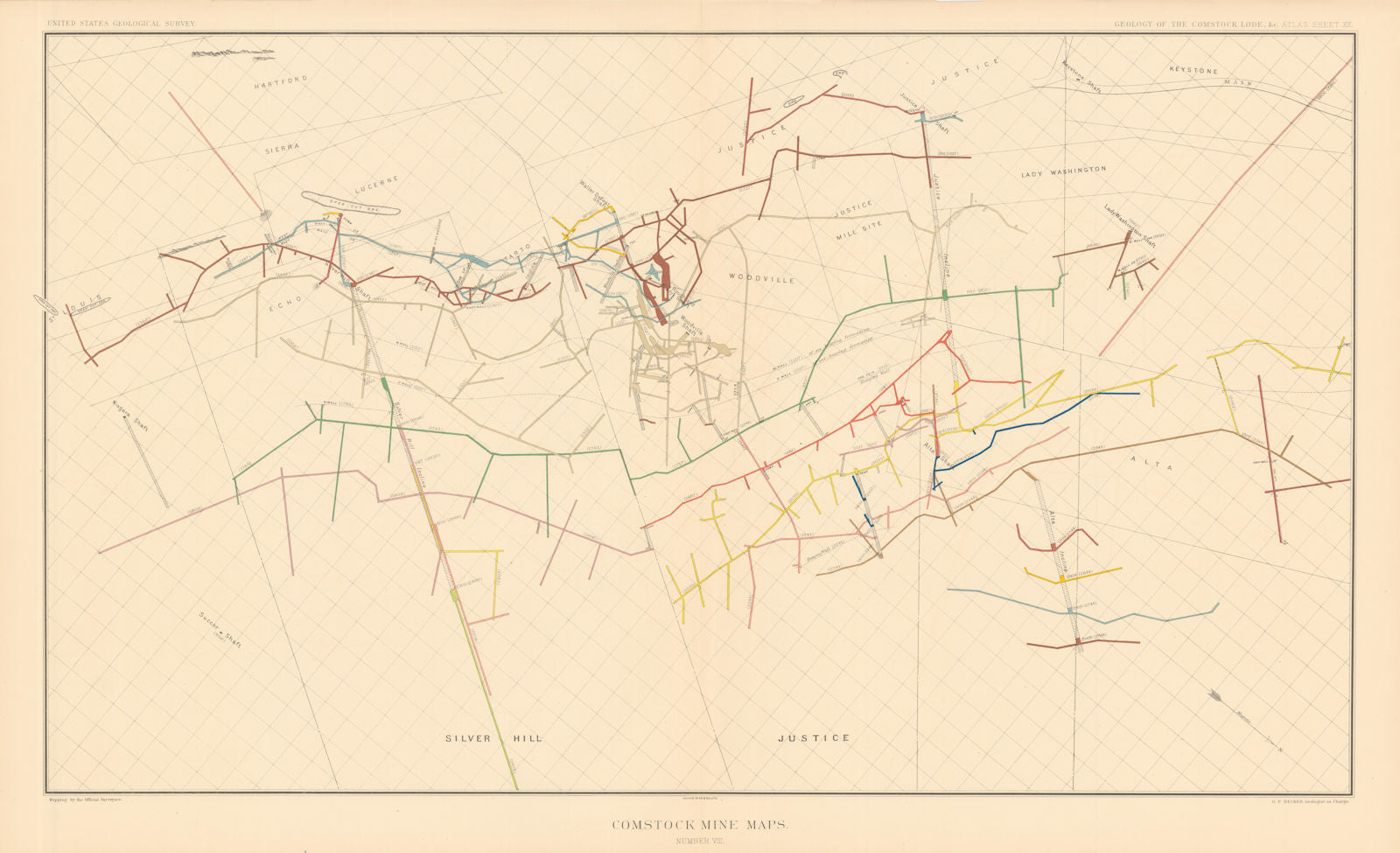 Comstock Silver Lode Mine Map 8 Alta, Justice Woodville, Succor, Niagara 1882